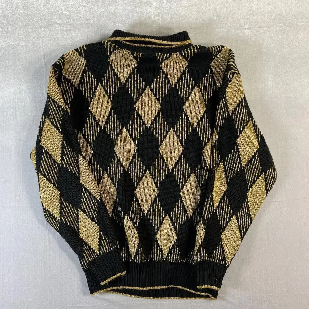 Vintage 90s Alfred Dunner Sweater Womens Medium Black Gold Argyle Diamond USA - Picture 5 of 7
